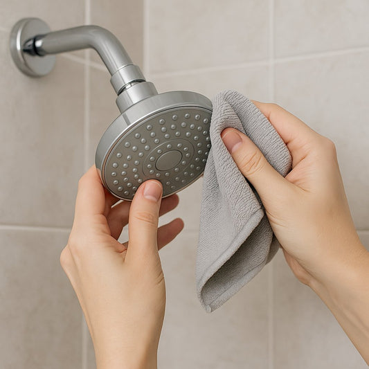 two hands cleaning showerhead with a cloth