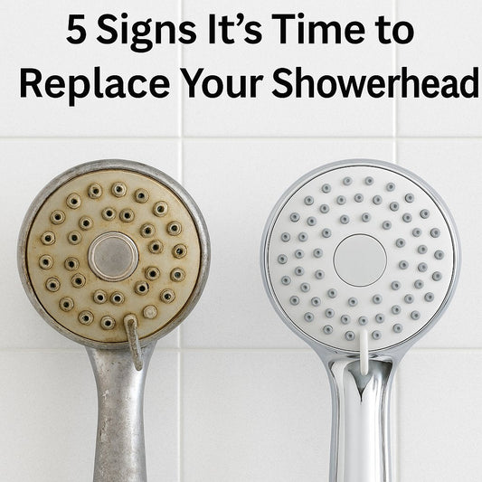 Side-by-side comparison of an old limescale-covered showerhead and a new clean showerhead